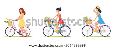 Beautiful girls in summer clothes, dresses ride bicycle with a basket of flowers. Summer walk, travel. Flowers, bicycle, sundress, hat. Girl is cyclist. Cute illustration in flat style	