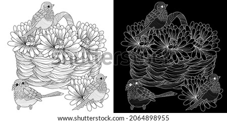 Art therapy coloring page. Coloring Book for children and adults. Basket and birds. The art of linear engraving. Cute  background for wallpaper, gift paper, pattern fills, textile, greetings cards