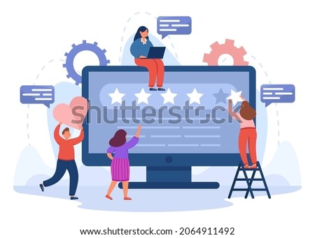 Team of analysts working on brand reputation in social media. Tiny male and female managers holding ranking star and heart flat vector illustration. Insight in analytics, seo management concept Royalty-Free Stock Photo #2064911492