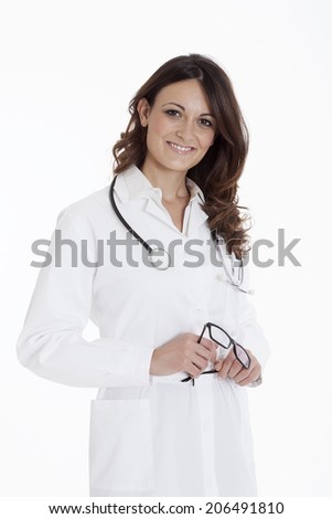 medical doctor woman with stethoscope. white background