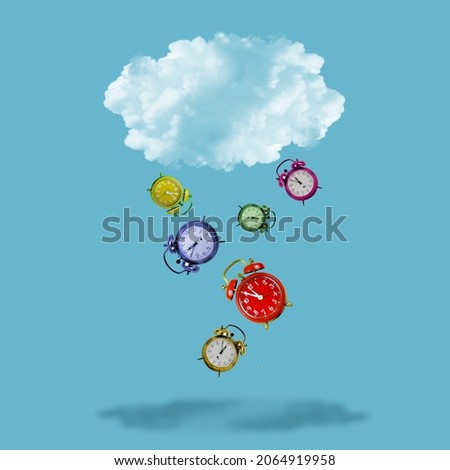 Clocks falling from the cloud. Time is running up, five minutes to twelve o'clock. Time concept.