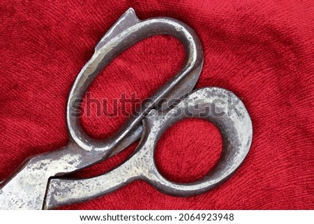 old tailor scissors on red fabric background
