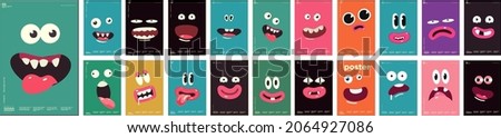 Emotions, cartoon faces, funny monsters. Mega collection of posters. Big Set of vector illustrations. Simple background pictures, perfect for posters, banners, t-shirt print, desktop wallpaper. Royalty-Free Stock Photo #2064927086