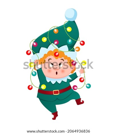 A cute elf, gnome, Santa's helper, entangled in a Christmas garland with colorful lights. Vector illustration in cartoon style isolated on white background