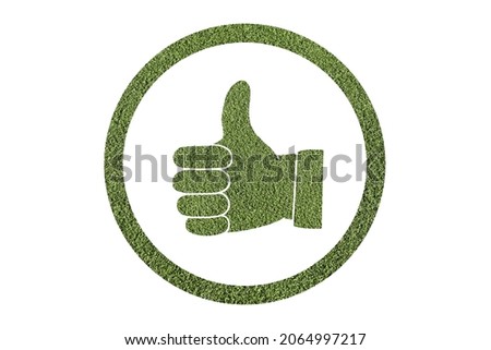 Approval symbol, thumb up. Lawn in shape of hand. Environmental sign, isolated on white background. Like icon symbol. Design element.