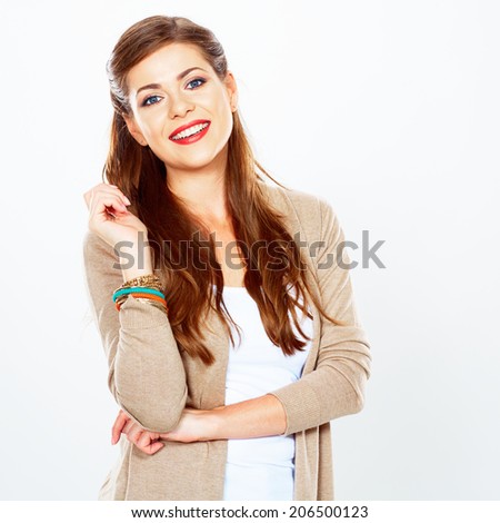 Smiling caucasian woman isolated on white background. Look positive.