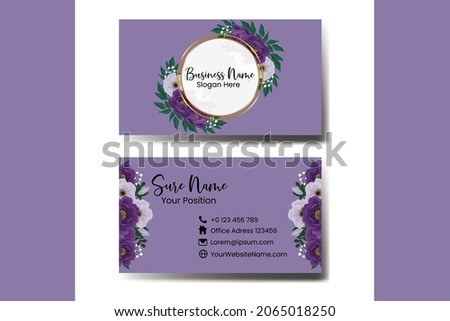 Business Card Template Purple Peony Flower .Double-sided Name Card Blue Colors. Flat Design Vector Illustration. Stationery Design