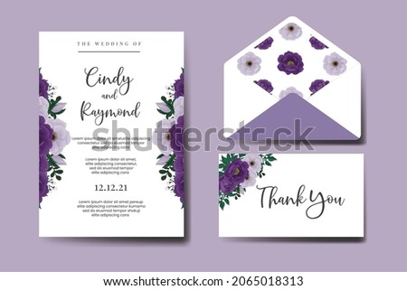 Modern Wedding invitation frame set, floral watercolor Digital hand drawn Purple Peony Flower Invitation Card Template