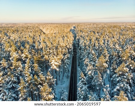 Beautiful aerial view of snow covered pine forests and a road winding among trees. Rime ice and hoar frost covering trees. Scenic winter landscape near Vilnius, Lithuania.