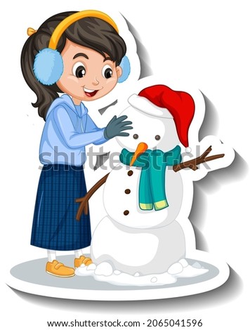 Girl building a snowman cartoon sticker illustration