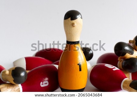 The wooden bowling kegels or pins painted as sports team members