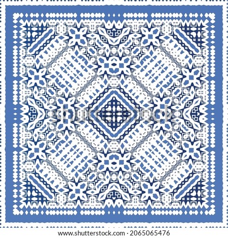 Antique portuguese azulejo ceramic. Original design. Vector seamless pattern illustration. Blue floral and abstract decor for scrapbooking, smartphone cases, T-shirts, bags or linens.