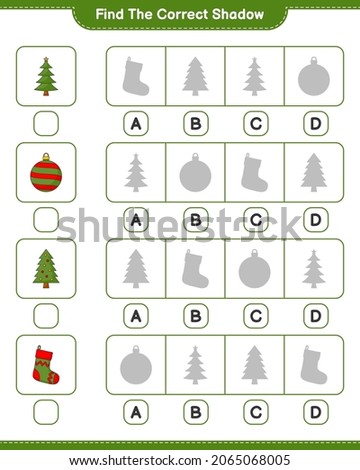 Find the correct shadow. Find and match the correct shadow of Christmas Tree, Christmas Ball, and Christmas Sock. Educational children game, printable worksheet, vector illustration