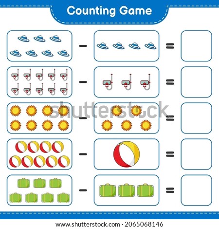 Counting game, count the number of Sun, Beach Ball, Luggage, Summer Hat, Scuba Diving Mask and write the result. Educational children game, printable worksheet, vector illustration