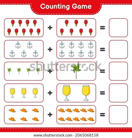 Counting game, count the number of Summer Hat, Cocktail, Pinwheels, Anchor, Ice Cream and write the result. Educational children game, printable worksheet, vector illustration