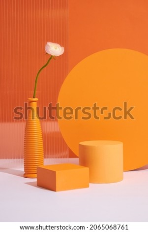 Front view of orange circle , square flower vase , pink tulips in orange background and with blank space for advertising 