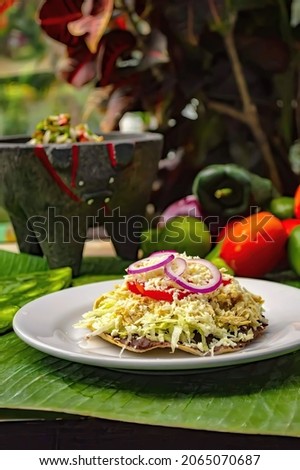 Typical food of Mexico called very delicious Mexican taco, with stew, onion, lettuce