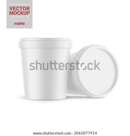 Two white round matte ice cream cups. Photo-realistic packaging mockup template. Contains an accurate mesh to wrap your artwork with the correct envelope distortion. Vector illustration