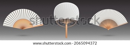 Chinese hand fan isolated handheld souvenir from China or Japan, folding paper or silk blower. Traditional oriental white and gold collection asian geisha foldable decor, Realistic 3d Vector mock up Royalty-Free Stock Photo #2065094372