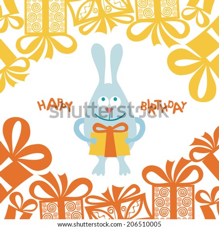 Happy birthday greeting card rabbit with gift illustration