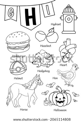 English alphabet with cartoon cute children illustrations. Kids learning material. Letter H. Illustration,hydrant, hamburger, hedgehog, heart, halloween, horse. Outline collection.
