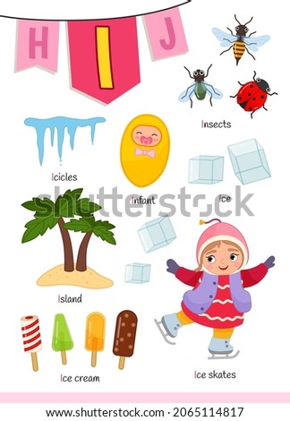 English alphabet with cartoon cute children illustrations. Kids learning material. Letter I. Illustration,insects, icicles, island, ice cream.


