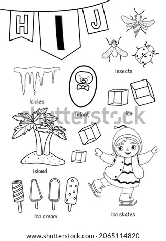 English alphabet with cartoon cute children illustrations. Kids learning material. Letter I. Illustration,insects, icicles, island, ice cream. Outline collection.

