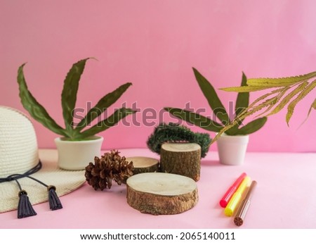 Minimalist concept displaying products. logs, dried flowers, dried leaves and pine flowers on pink background
