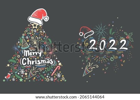 Merry Christmas and new Year 2022 Card Design. Hand Drawn Doodle Style New Year and Christmas Decorations Colorful Abstract. Vector Greeting Card Template. Colorful Neon Holiday Attractive Texture. 