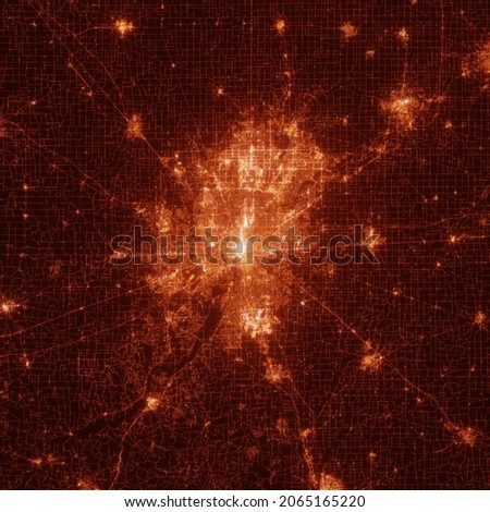 Indianapolis city lights map, top view from space. Aerial view on night street lights. Global networking, cyberspace. High resolution