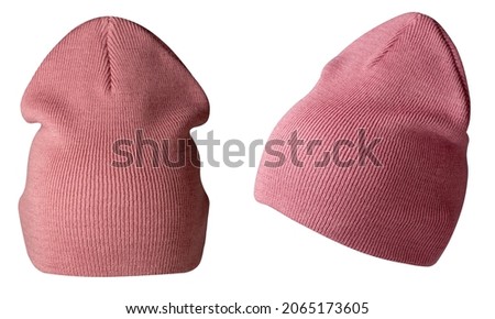 two women's pink hat . knitted hat isolated on white background.