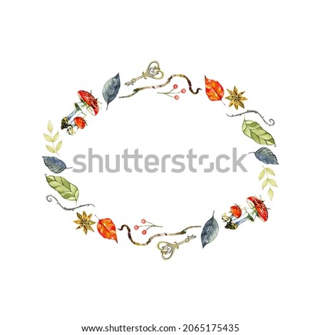 watercolor botanical illustration, floral wreath, autumn flowers, dried leaves, round frame, fall, clip art isolated on white background.