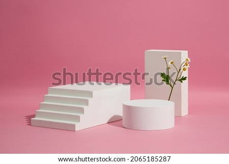 Front view of  white stairway , podium , flowers in trendy pink background and blank space for advertising 