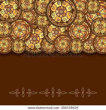 Circles with decorative swirls and shadow. Drawn by hand. Vector background in brown and gold colors.