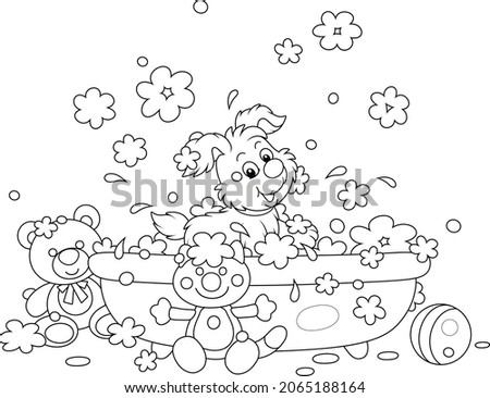 Happy little puppy washing, playing in a bubble bath and splashing with foam, black and white outline vector cartoon illustration for a coloring book page