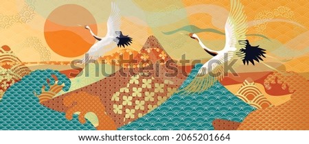 modern oriental style background vector. Chinese and Japanese oriental line art with abstract art texture. Wallpaper design with sun, clouds and Flamingo. Ocean and wave wall art for home decoration. Royalty-Free Stock Photo #2065201664