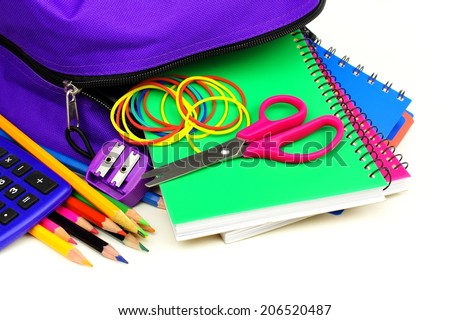 School supplies spilling from a purple backpack over white 