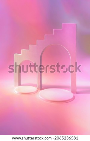 Abstract surreal scene - empty stage with circle podiums and arches on holographic pastel pink neon colored background. Pedestal for cosmetic, beauty product, packaging mockups presentation