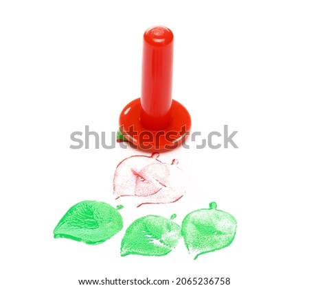Eco friend, stained painting sponge for colors, imprint in shape symbol green leaf isolated on white background 