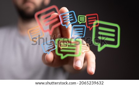 A 3D rendering of digital email icons with hand touching it from behind online communication concept