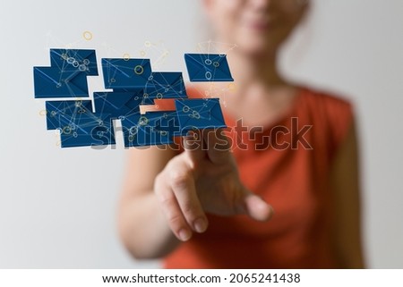 A 3D rendering of digital envelopes with hand touching it from behind- online communication concept