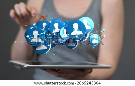 A 3D rendering of human icons floating on mobile tablet with hand touching it from behind- digital work conference concept