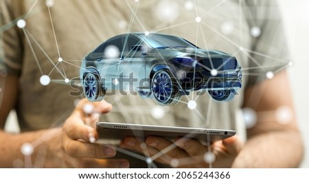 A 3d rendering of an Electro car hologram over a mobile tablet- Electromobility e-motion concept
