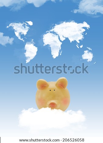 Piggy bank on cloud with world map shape clouds