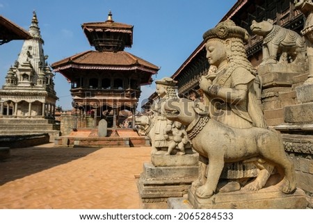 Detail of the sculptures of the Siddhi Lakshmi Temple in Durbar Square in Bhaktapur, Khatmandu Valley in Nepal. Royalty-Free Stock Photo #2065284533