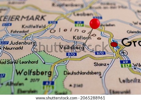 Voitsberg pinned on a map of Austria. Map with red pin point of Voitsberg in Austria. 