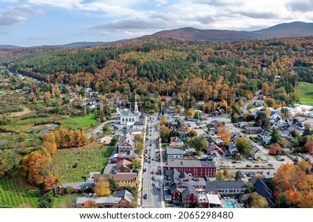 Aerial view of Stowe Vermont and the Green Mountains with autumn colors.  Royalty-Free Stock Photo #2065298480