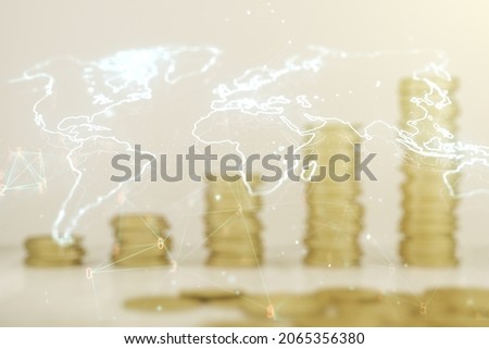 Multi exposure of abstract creative digital world map hologram on stacks of coins background, tourism and traveling concept