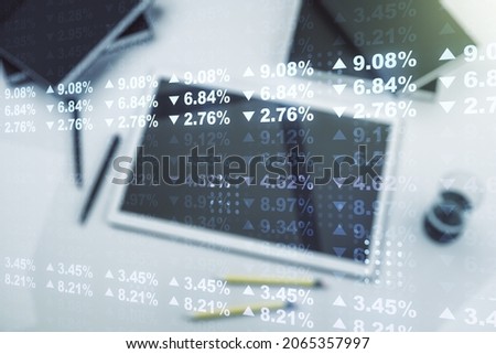 Abstract creative analytics data spreadsheet and modern digital tablet on desktop on background, top view, analytics and analysis concept. Multiexposure