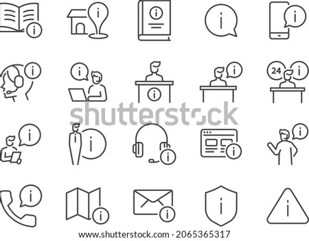 Information line icon set. Included the icons as info, reception counter, customer support, customer service, guide, manual, and more. Royalty-Free Stock Photo #2065365317
